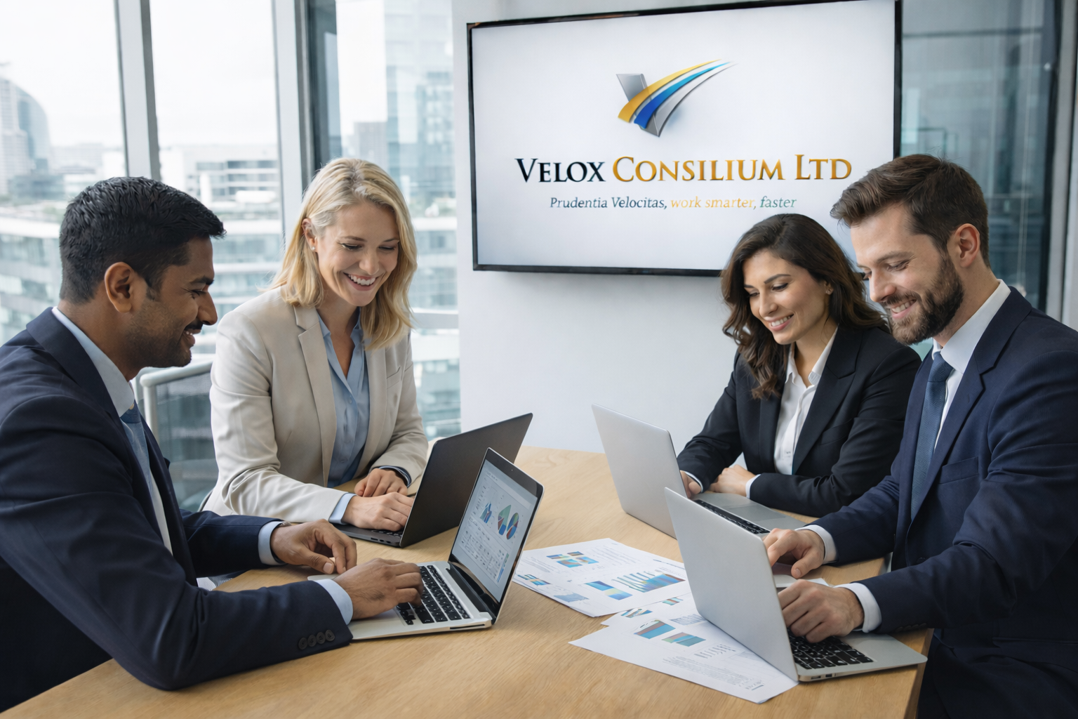 4 people around a desk discussing data