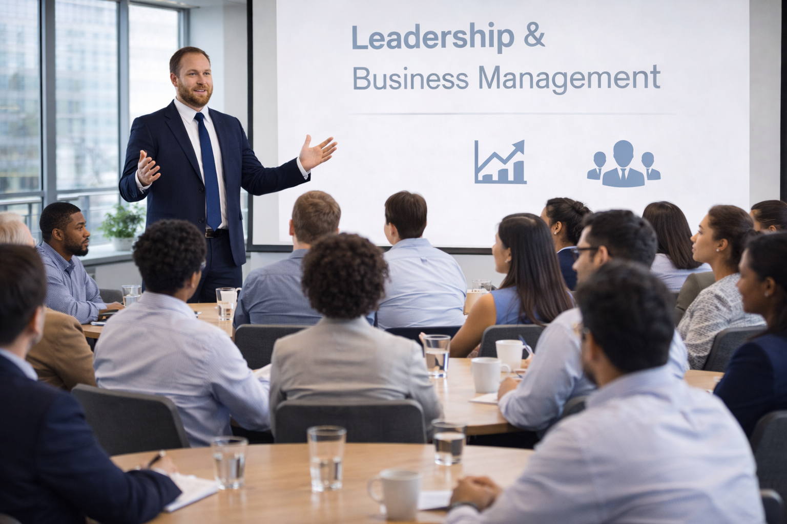 Lecturer delivering a workshop on leadership and management